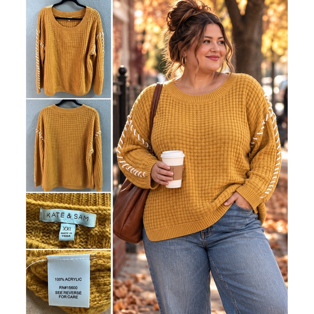 Kate & Sam XXL Mustard YellowWaffle Knit Sweater Whipstitch Boho Oversized Fall